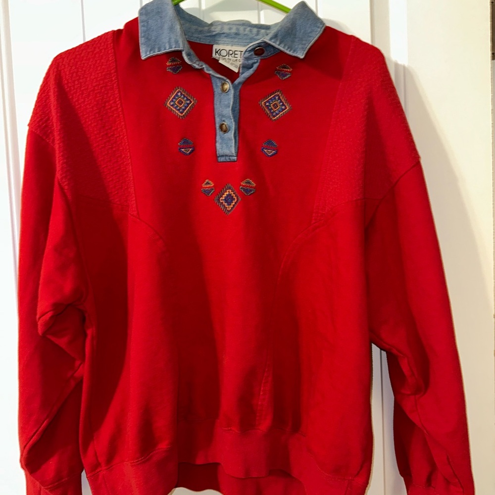 Vintage Koret Red Top with Embroidered Details and Denim Collar